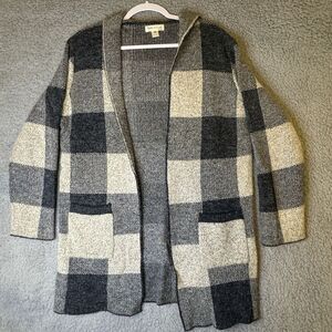 Faith And Joy Plaid Gray Beige Hooded Pockets Cardigan Sweater Petite Large